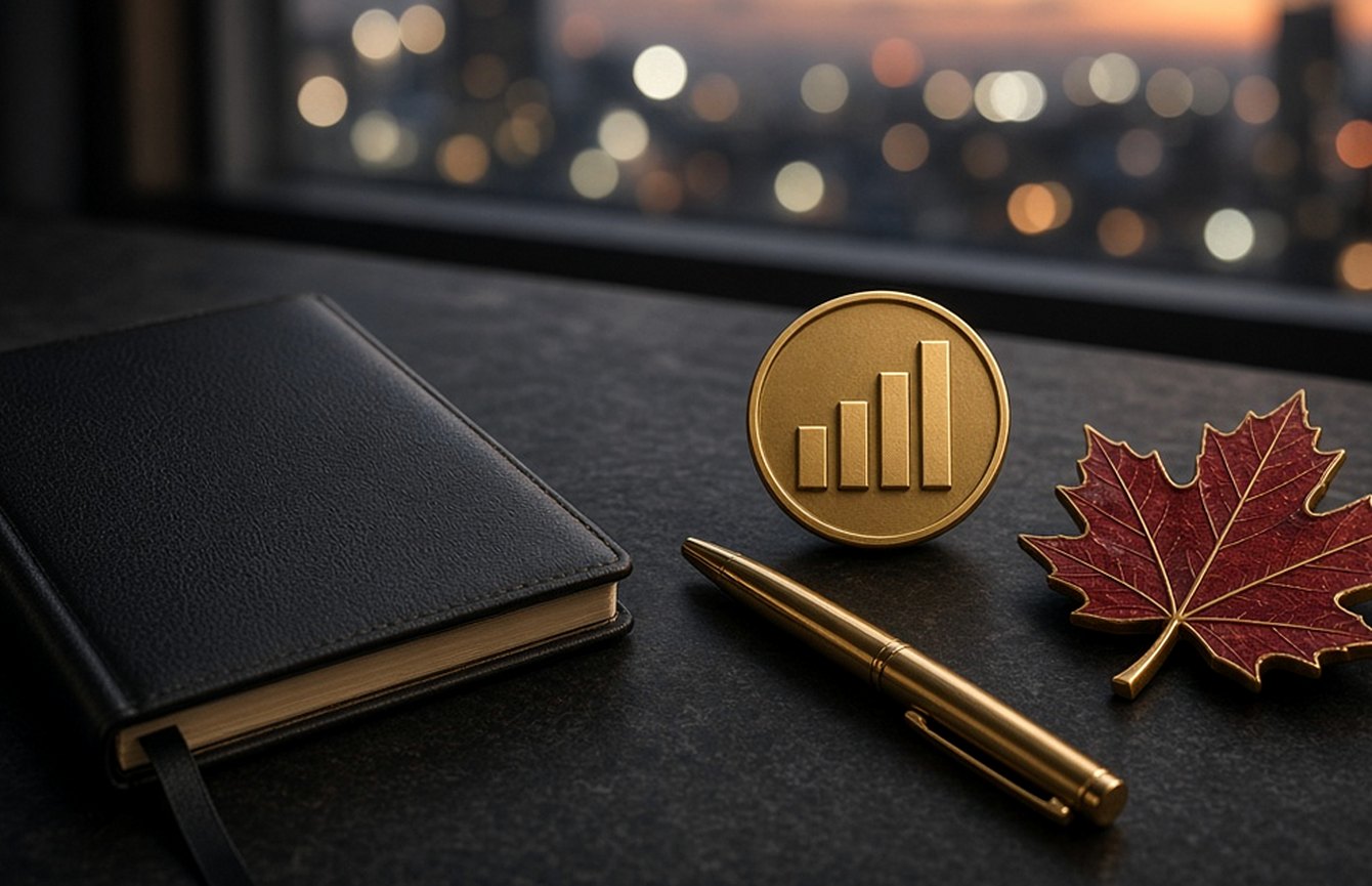Notebook, pen and Canada-themed study objects